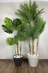 BİÇİÇEK   YAPAY AREKA-BÜYÜK BOY PALMİYE AĞACI 4 BAMBU GÖVDELİ VE MONSTERA-DEVETABANI AĞACI  YALI SAKSIDA thumbnail 2