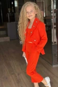 Kız Çocuk Gümüş Düğme Detaylı Blazer Ceket ve Turuncu Alt Üst Takım thumbnail 2