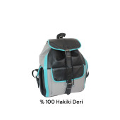 Hakiki Deri Kadın-Erkek Sırt Çantası Siyah-Turkuaz-Gri Garnili 3Cep ÇntDrSyhTrkzGri3cep01 - 2