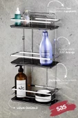 Yapışkanlı Asla Paslanmaz Kristal Ayarlanabilir Raf Banyo Düzenleyici Şampuanlık Krom Siyah LŞ-03 KS thumbnail 2