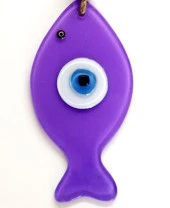 Nazar Boncuklu Balık Şekilli Lila Rengi Cam Duvar Süsü Hediyelik Dekor Eşya thumbnail 1