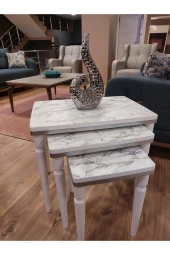 AKSET 3Lü Lüx Zigon Sehpa Beyaz Mermer Gümüş thumbnail 3