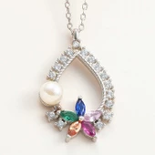 925 Ayar Gümüş Renkli Taşlı Çiçekli Kadın Kolye thumbnail 1