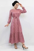 Moda Çizgi Çiçek Desenli Elbise Gül Kurusu - 3