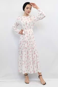 Moda Çizgi Çiçek Desenli Elbise Ekru - 2