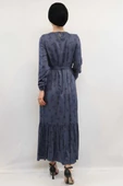Moda Çizgi Çiçek Desenli Elbise İndigo - 5