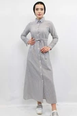 Moda Çizgi Gofre Elbise Gri - 3