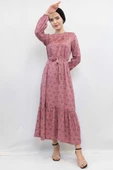 Moda Çizgi Çiçek Desenli Elbise - 2