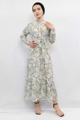 Moda Çizgi Çiçek Desenli  Pileli Elbise Mint - 1