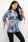 Moda Çizgi Kemerli Gömlek Tunik İndigo - 3