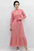 Moda Çizgi Ekose Elbise Kırmızı - 1