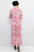 Moda Çizgi Çiçek Desenli  Pileli Elbise Fuşya - 4