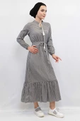 Moda Çizgi Ekose Elbise Siyah - 4