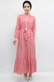 Moda Çizgi Ekose Elbise Kırmızı - 3