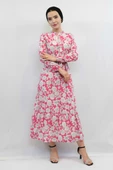Moda Çizgi Çiçek Desenli  Pileli Elbise Fuşya - 2
