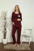Moda Çizgi Kadın Hamile Lohusa Bordo Pijama Takımı 45201 - 4