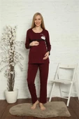 Moda Çizgi Kadın Hamile Lohusa Bordo Pijama Takımı 45201 - 3