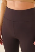 Yüksek Bel Fitilli Örme Kahve Tayt - 4