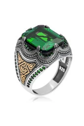 Kare Yeşil Taşlı 925 Gümüş Erkek Yüzük thumbnail 2