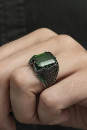 Kare Yeşil Taşlı 925 Gümüş Erkek Yüzük thumbnail 5