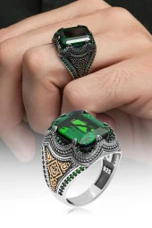 Kare Yeşil Taşlı 925 Gümüş Erkek Yüzük thumbnail 6