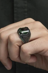 Kare Yeşil Taşlı 925 Gümüş Erkek Yüzük thumbnail 7