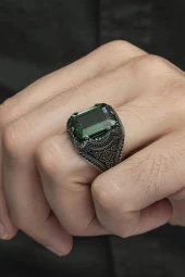 Kare Yeşil Taşlı 925 Gümüş Erkek Yüzük thumbnail 3