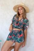 Yazlık Plaj Şort Pareo Deniz Şortu Kapalı Ön Yırtmaçlı Lastikli Şifon Tül Kumaş Flower Yeşil - 4