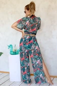 Plaj Pantalon Pareo Yazlık Kapalı Yırtmaçlı Lastikli Şifon Tül Kumaş Yüksek Bel Flower Yeşil - 3