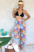 Plaj Pantalon Pareo Yazlık Kapalı Yırtmaçlı Lastikli Şifon Tül Kumaş Yüksek Bel Coconut Renkli - 1