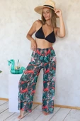Plaj Pantalon Pareo Yazlık Kapalı Yırtmaçlı Lastikli Şifon Tül Kumaş Yüksek Bel Flower Yeşil - 1