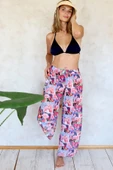 Plaj Pantalon Pareo Yazlık Kapalı Yırtmaçlı Lastikli Şifon Tül Kumaş Yüksek Bel Kolaj Kırmızı - 1