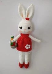 Kırmızı Sepetli Şirin Tavşan Uyku Arkadaşı Amigurumi Organik Oyuncak - 1
