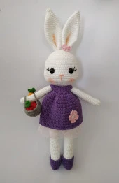 Mor Sepetli Şirin Tavşan Uyku Arkadaşı Amigurumi Organik Oyuncak - 1