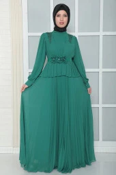 Omuz Ve Kemer Detaylı Pliseli Tesettür Abiye Elbise 816-Yeşil thumbnail 1