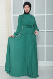 Omuz Ve Kemer Detaylı Pliseli Tesettür Abiye Elbise 816-Yeşil thumbnail 2