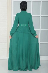 Omuz Ve Kemer Detaylı Pliseli Tesettür Abiye Elbise 816-Yeşil thumbnail 4