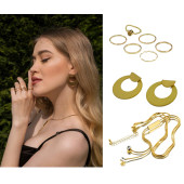 Altın Renk Üçlü Takı Set1  (Parlak Taşlı Kolye 42cm,6'lı Eklem Yüzük Set,Metal Halka Küpe 3,5cm) - 1