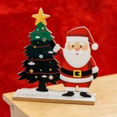 Yılbaşı Yeniyıl Dekorasyonu Ahşap Çam Ağacı ve Ahşap Noel Baba Biblo Yılbaşı Christmas Temalı Biblo - 1