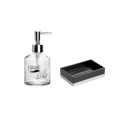 BANYO SETİ,EL SABUNU YAZILI CAM SIVI SABUNLUK VE AKRİLİK SİYAH SABUNLUK - 2