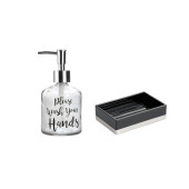 BANYO SETİ,YAZILI CAM SIVI SABUNLUK VE AKRİLİK SİYAH SABUNLUK - 2