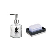 BANYO SETİ,KAKTÜS DESENLİ CAM SIVI SABUNLUK VE AKRİLİK SİYAH SABUNLUK - 1