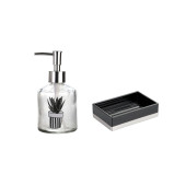 BANYO SETİ,BİTKİ DESENLİ CAM SIVI SABUNLUK VE AKRİLİK SİYAH SABUNLUK - 1