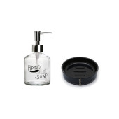 BANYO SETİ,EL SABUNU YAZILI CAM SIVI SABUNLUK VE AKRİLİK SİYAH TAŞLI SABUNLUK - 2
