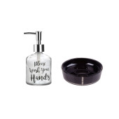 BANYO SETİ,YAZILI CAM SIVI SABUNLUK VE AKRİLİK SİYAH TAŞLI SABUNLUK - 3