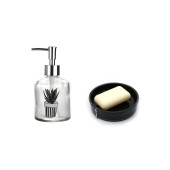 BANYO SETİ,BİTKİ DESENLİ CAM SIVI SABUNLUK VE AKRİLİK SİYAH TAŞLI SABUNLUK - 1