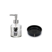 BANYO SETİ,BİTKİ DESENLİ CAM SIVI SABUNLUK VE AKRİLİK SİYAH TAŞLI SABUNLUK - 2