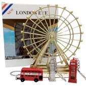 İngiltere Londra Dönme Dolap Otobüs Telefon Kulübesi ve Big Ben Anahtarlık Dörtlü Paket thumbnail 1