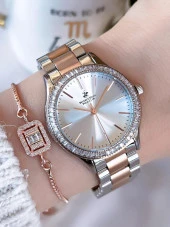 BP.RG3 Sedef Kadran Çelik Kasa&Kordon Kararma Renk Atma Yapmaz Zirkon Taşlı Kadın Kol Saati+Bileklik thumbnail 1