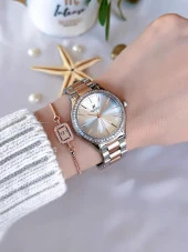 BP.RG3 Sedef Kadran Çelik Kasa&Kordon Kararma Renk Atma Yapmaz Zirkon Taşlı Kadın Kol Saati+Bileklik thumbnail 2